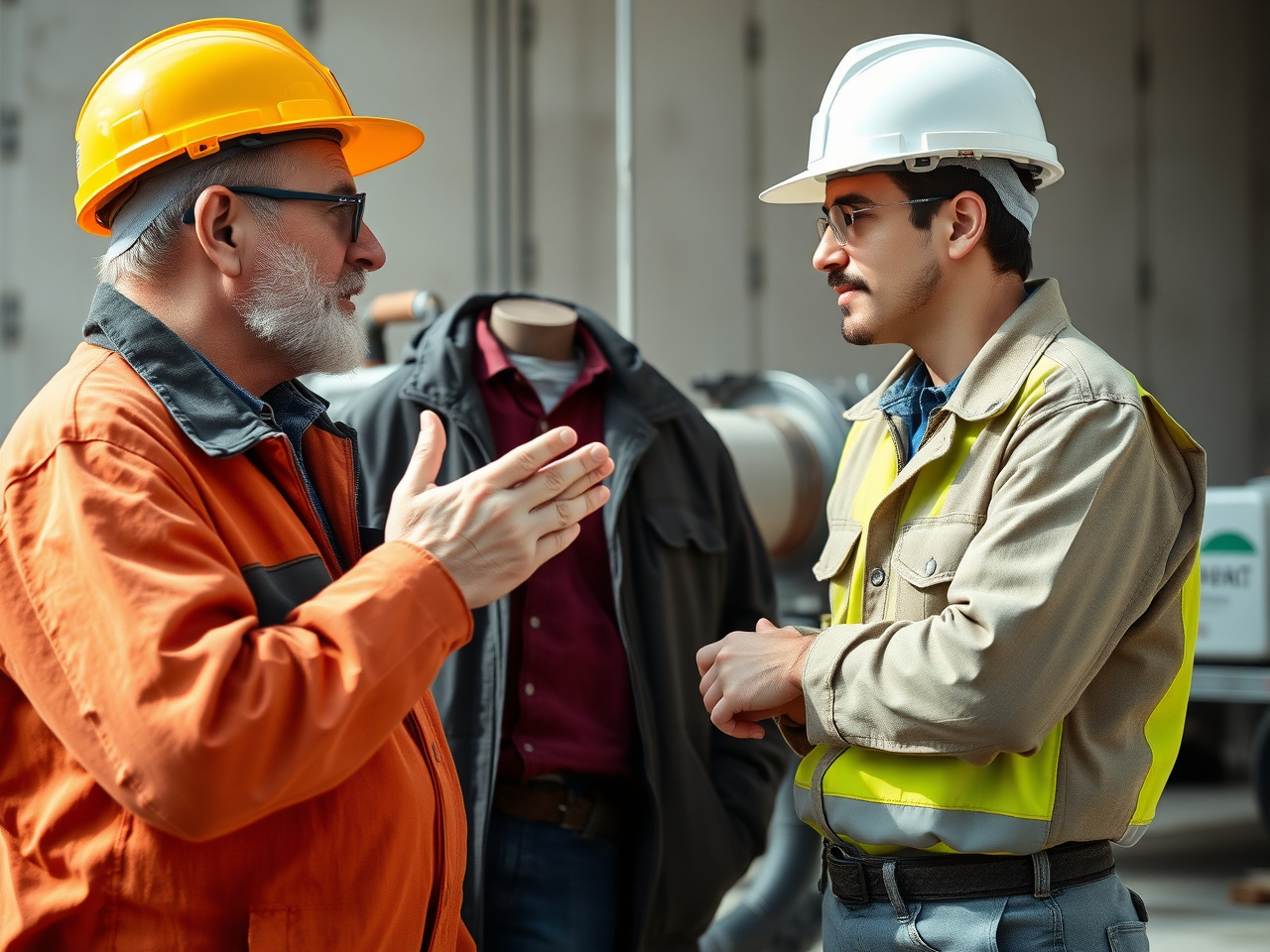 Two spray foam contractors talking one-on-one on a job site during a mentorship conversation